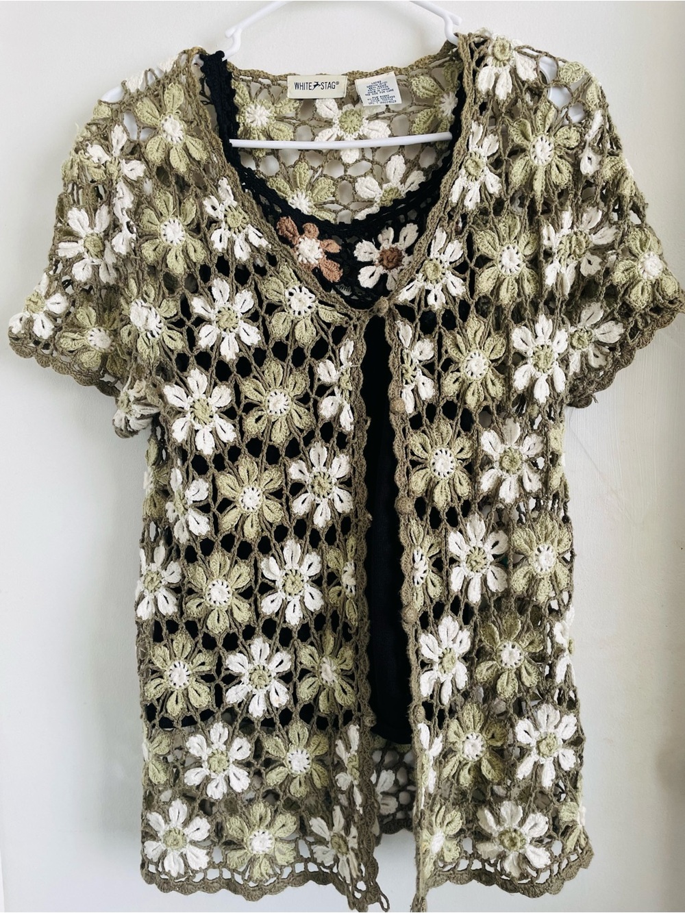 White Stag Olive & Cream Crochet Floral Short Sleeve Overlay Cardigan